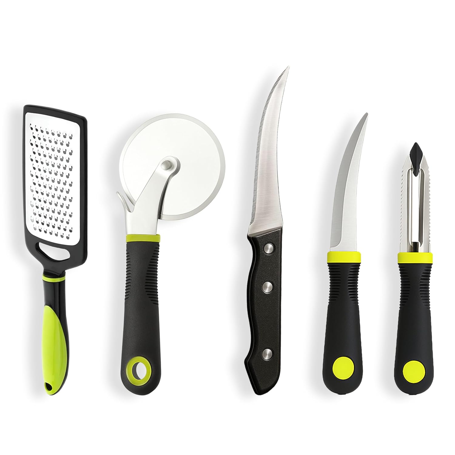 Kitchen Expert Stainless Steel Utility Combo | Set of 5 | Cheese Grater, Pizza Cutter, Vegetable Knife, Potato Peeler | Ideal for Grating Cheese, Ginger, Vegetables, Fruits | Kitchen Knife Set