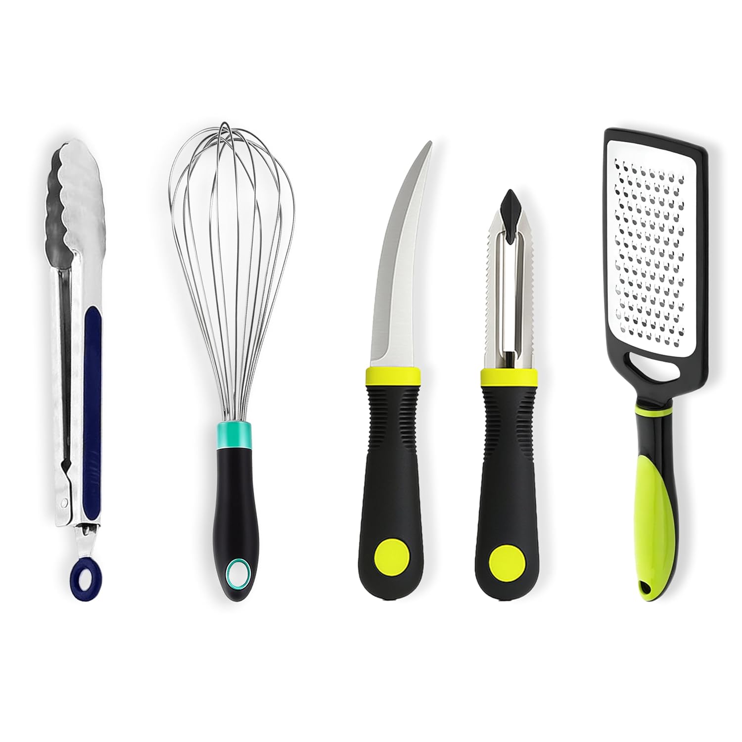 Kitchen Expert Stainless Steel Kitchen Tool Combo | Set of 5 | Silicone Tong, Steel Whisker, Vegetable Knife, Potato Peeler, Cheese Grater | Ideal for Grating, Slicing, Peeling, Blending | BBQ Tong