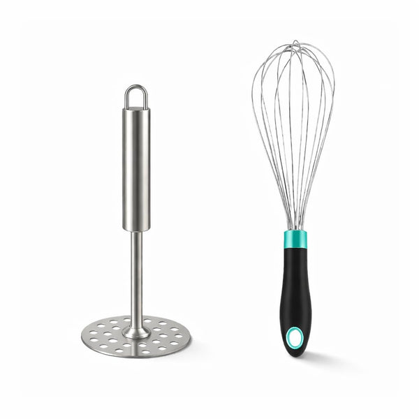 Kitchen Expert Stainless Steel Potato Masher & Whisk Combo | Set of 2 | Manual Kitchen Tool | Hand Whisk & Pav Bhaji Masher | Rust Resistant Cooking Utensils for Home Kitchen