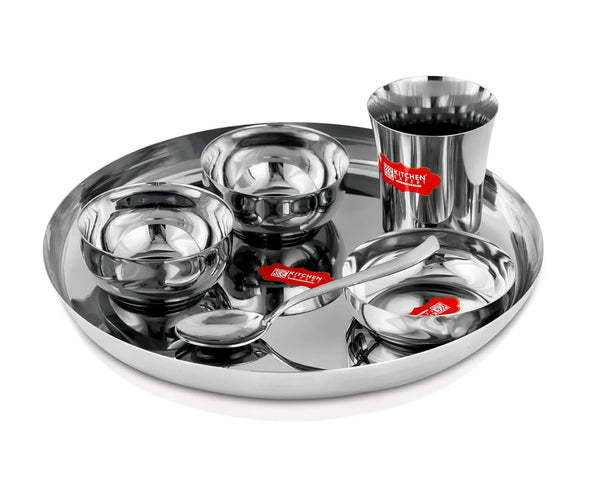 Stainless Steel Premium Dinner Set of 6 PC (1 Thali, 2 Bowls, 1 Mini Sweet Dish Plate, 1 Glass and 1 Spoon)
