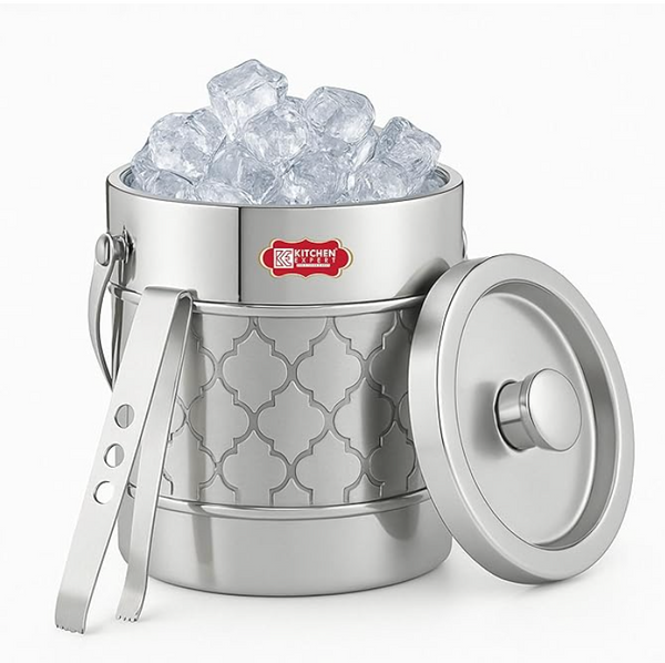 Kitchen Expert Stainless Steel Insulated Ice Bucket with Lid | 1.5 LTR | Steel Bucket with Tong | Insulated Bar Box | Ice Cube Holder | Bar Accessories | for Bar & Home