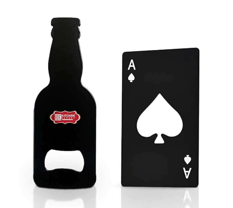 Kitchen Expert Stainless Steel Bottle Openers Combo | Set of 2 | Ace of Spade Card Shape | Beer Shape Opener | Bar Tools | Soda Opener |Unique Design | Barware Accessories | Black