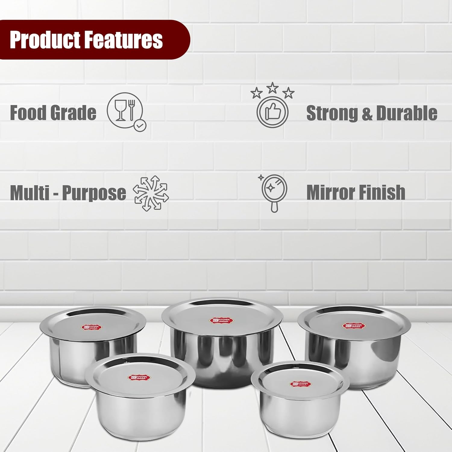 Kitchen Expert Stainless Steel Lid Set | Set of 5 Pcs (18Cm, 19Cm, 20Cm, 21.5Cm, 22.5Cm)